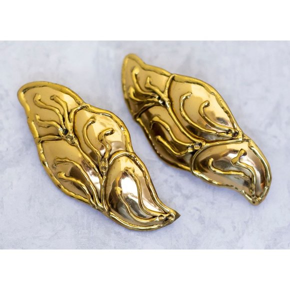 Vintage Large Art Nouveau Statement Gold Tone Stud Earrings - CF1 - Picture 2 of 4